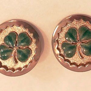 VINTAGE FABULOUS LARGE GOLD TONE CLIP ON EARRINGS with DETAILED ENAMEL SHAMROCKS